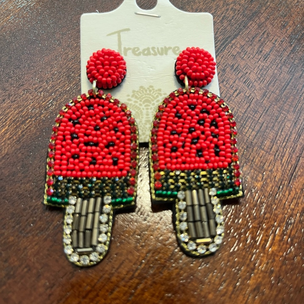 Watermelon Popsicle Beaded Earrings with Rhinestones